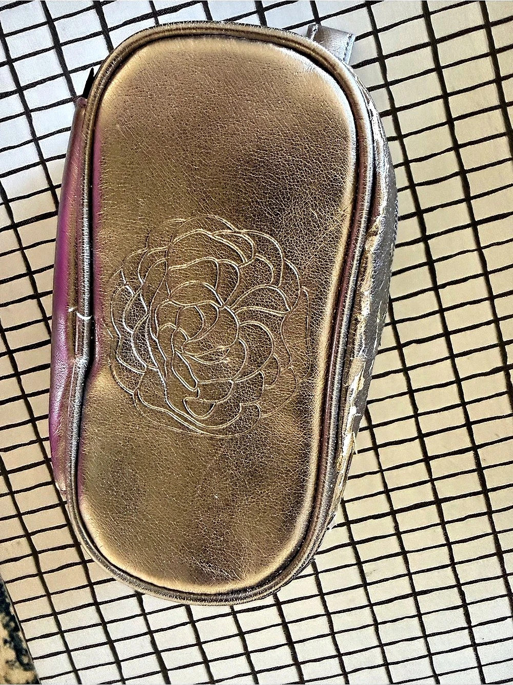 Chantecaille Metallic Gold Cosmetic Pouch with defect